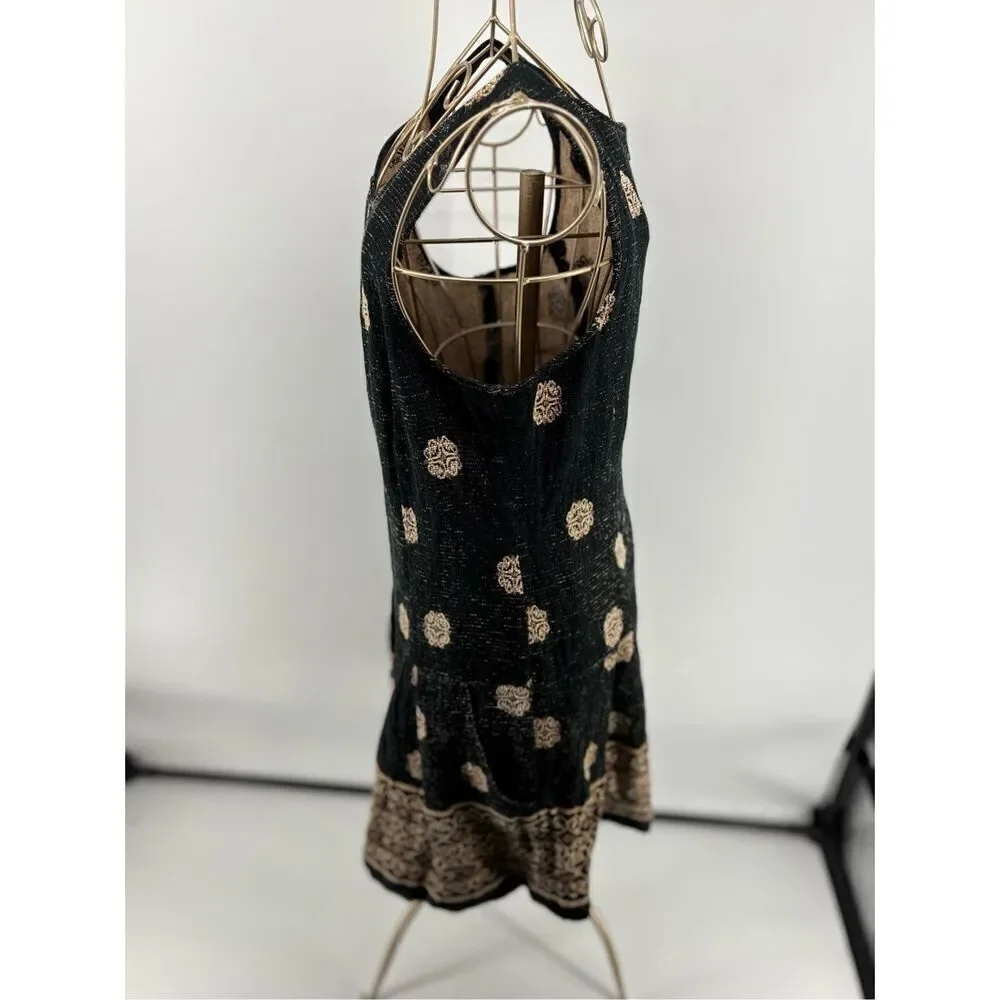 Free People Black Gold Tapestry Sleeveless Mini Dress Pockets Size 8